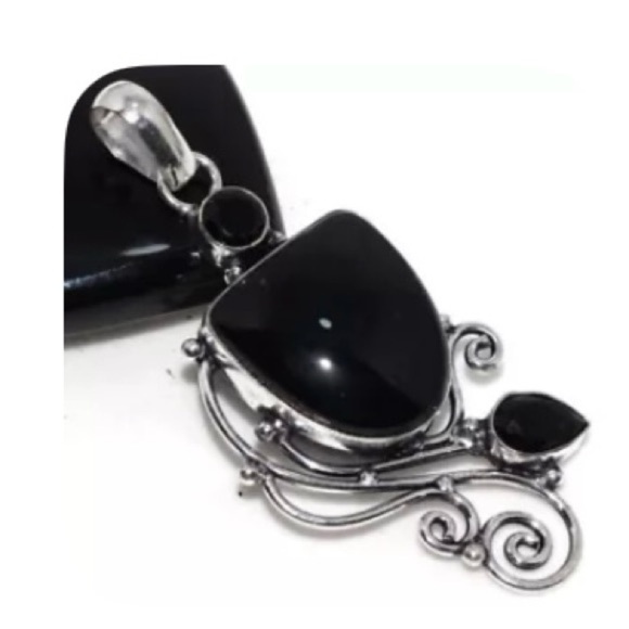 Jewelry - 925 Silver Plated Black Obsidian and Black Onyx Pendant Size 2.5"